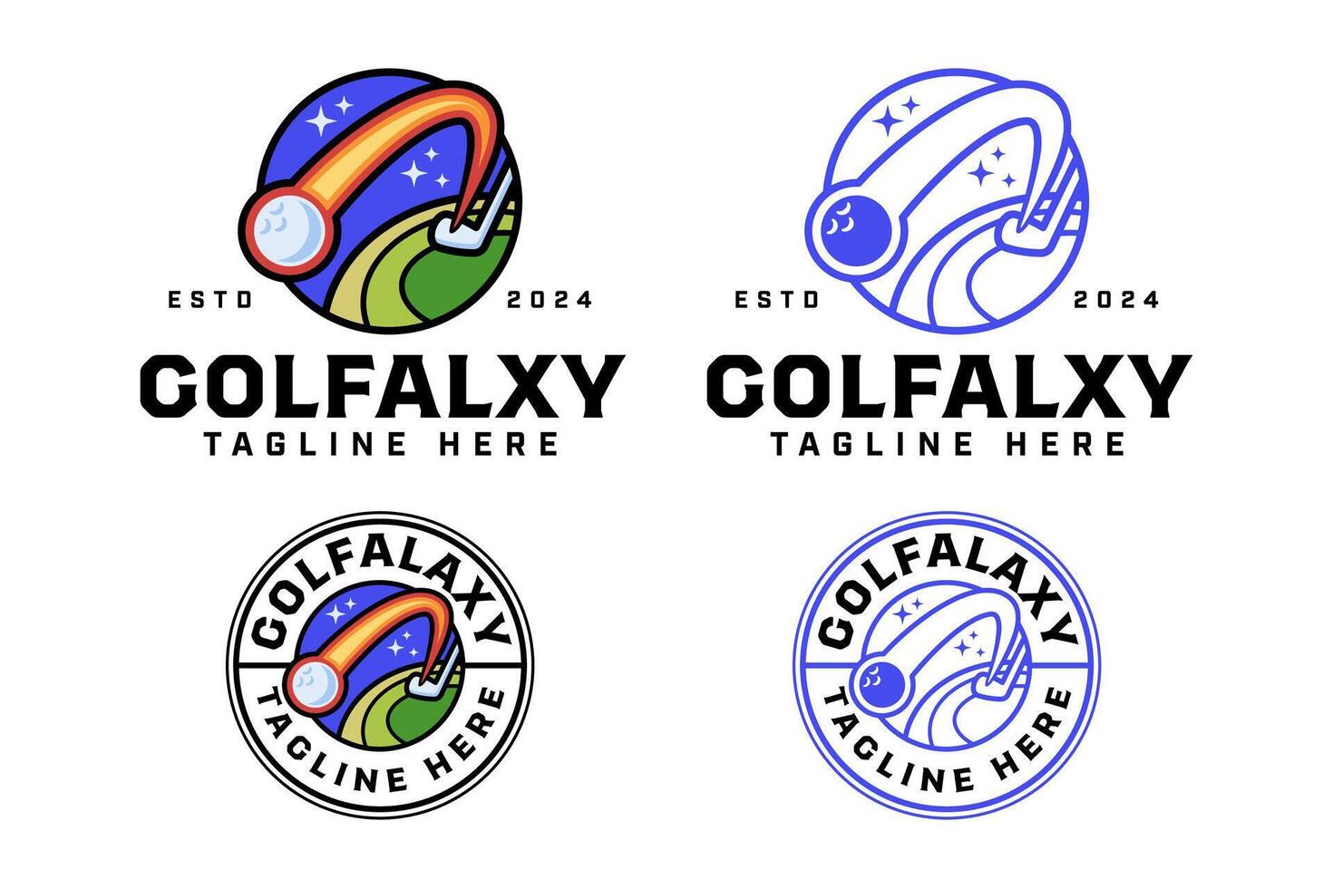 golf club with comet, ball, golf course in galaxy logo design for golfer and tournament. golf professional in space sign symbol modern logo. set of golf sport emblem badge logo illustration vector