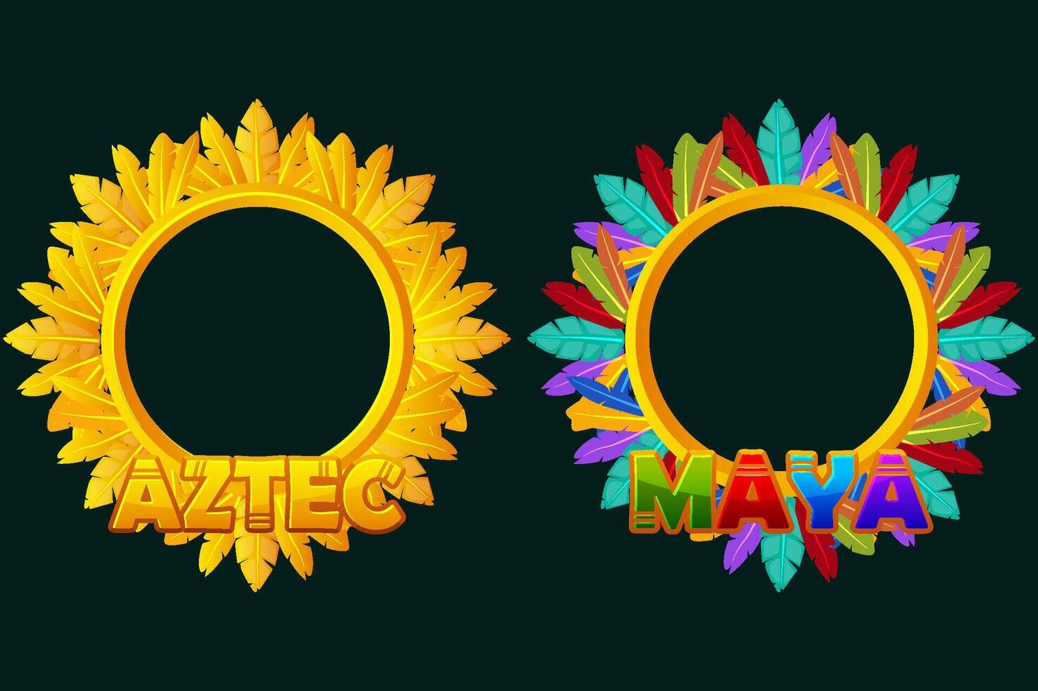 Empty cartoon frames of feathers for your game icons or slot symbols. Maya and Aztec cartoon game frame. Round-golden frames vector