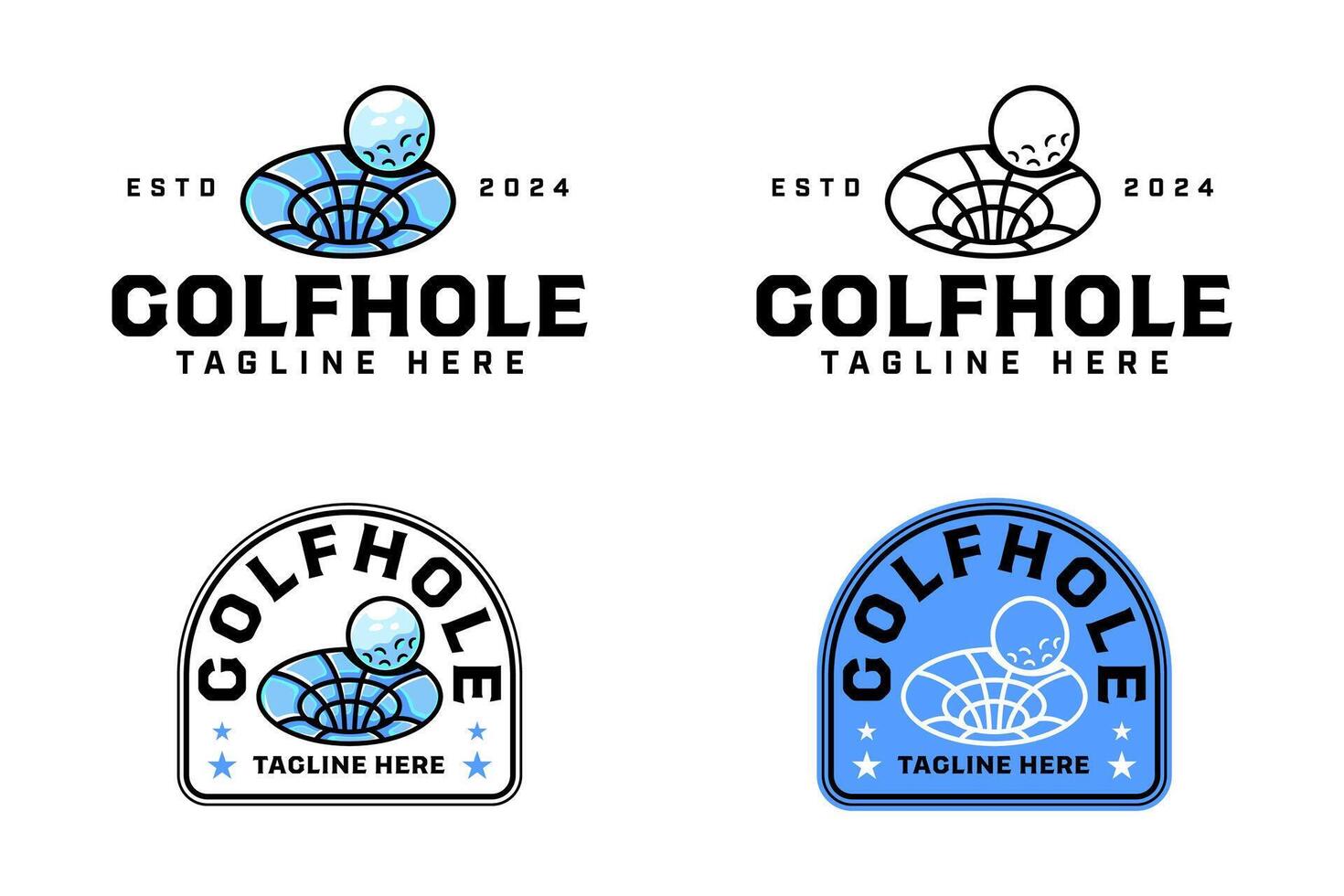 golf ball and black hole logo design for golfer and tournament. golf club professional with ball and hole space sign symbol modern logo. set of golf sport emblem badge logo illustration vector