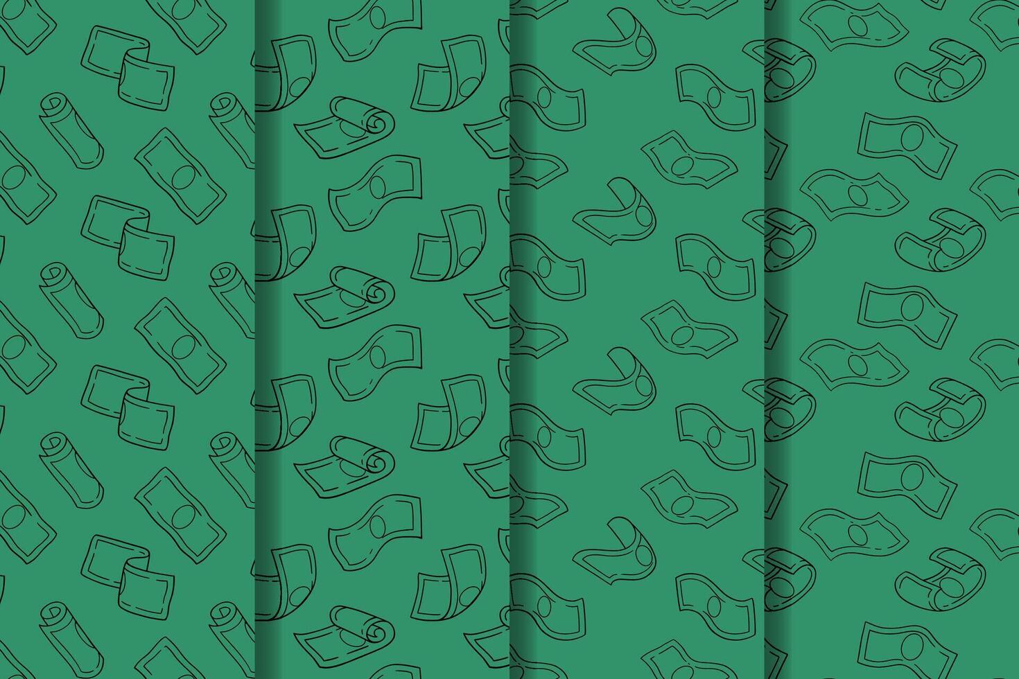 set of green money cartoon pattern for packaging. cash flow seamless pattern background. seamless pattern of falling money or cash. doodle raining money bill pattern collection for print and wallpaper vector