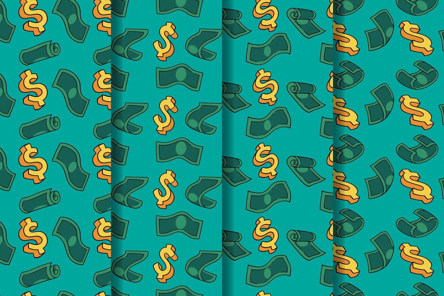 set of green money and 3d dollar symbol cartoon pattern for packaging and printing. seamless pattern of doodle falling money bill and dollar icon illustration. dollar money pattern background set. vector
