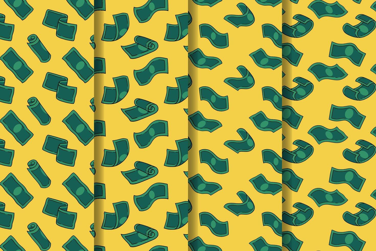 set of green money cartoon pattern for packaging. cash flow seamless pattern background. seamless pattern of falling money or cash. doodle raining money bill pattern collection for print and wallpaper vector
