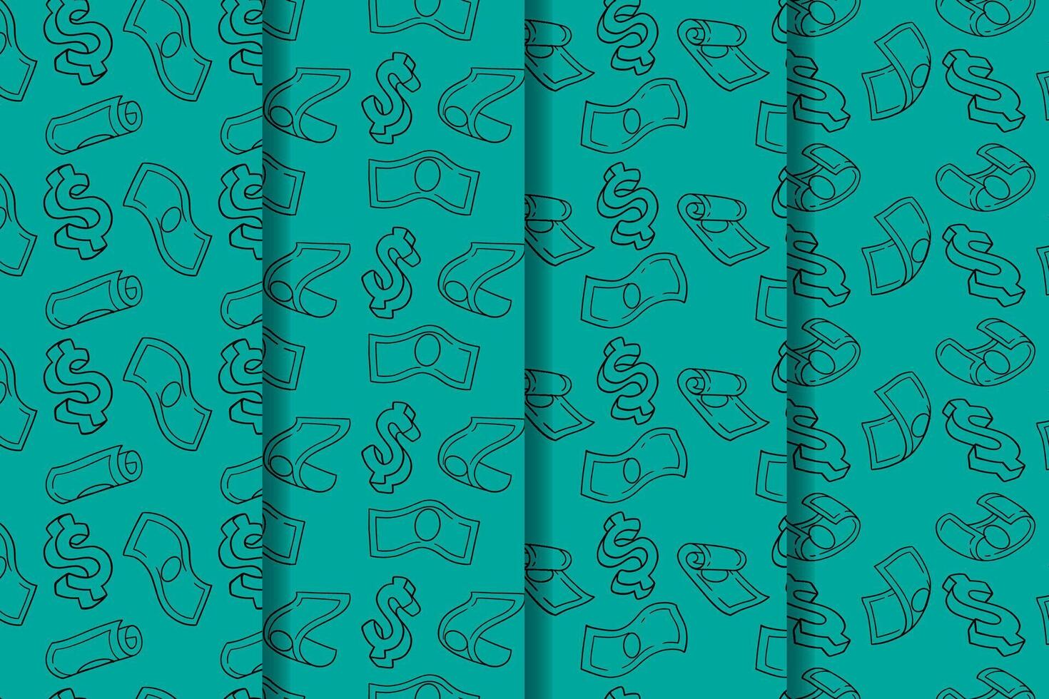 set of green money and 3d dollar symbol cartoon pattern for packaging and printing. seamless pattern of doodle falling money bill and dollar icon illustration. dollar money pattern background set. vector