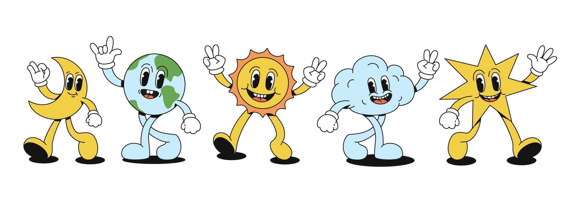 Set of funny cloud, sun, moon, star and earth in retro style. Groovy characters with faces, arms and legs. illustration. vector