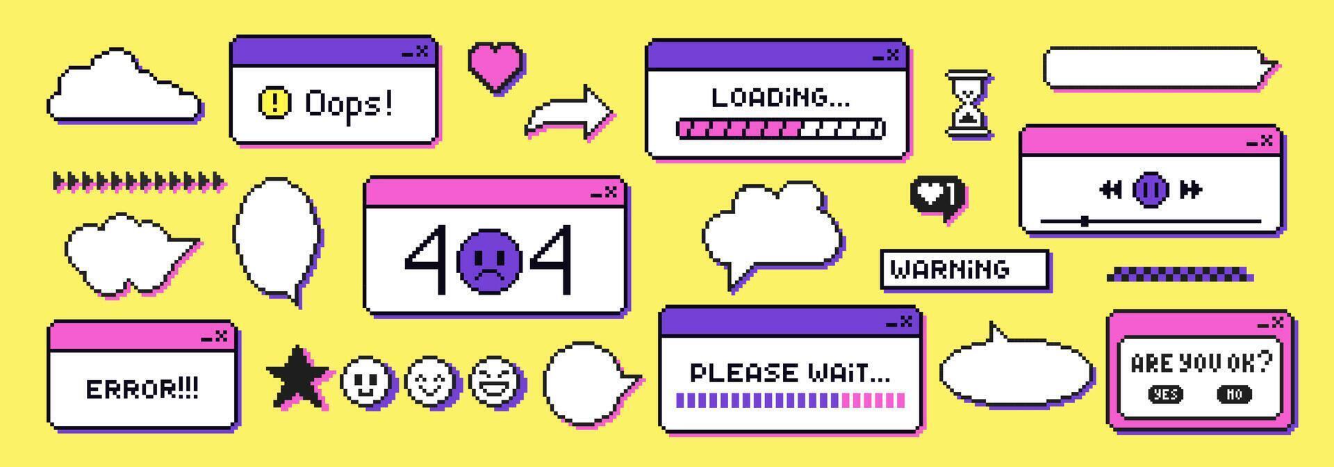 Retro browser computer window in 90s style. Message boxes and popup user interface elements. illustration. vector