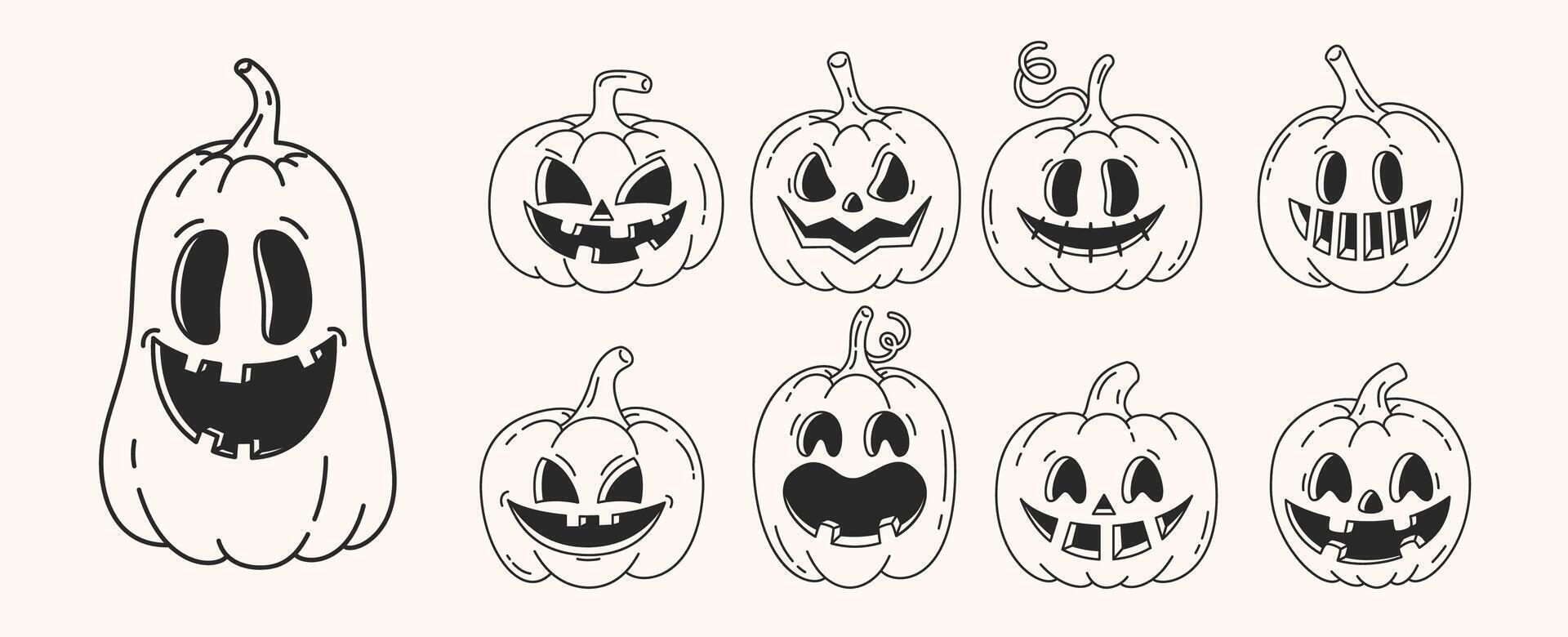 Set of Halloween retro pumpkin in groovy style. Funny outline pumpkin with smile. illustration. vector