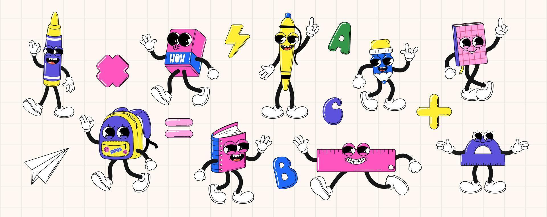 Set of school supplies in retro style. Groovy characters with faces, arms and legs. illustration. vector
