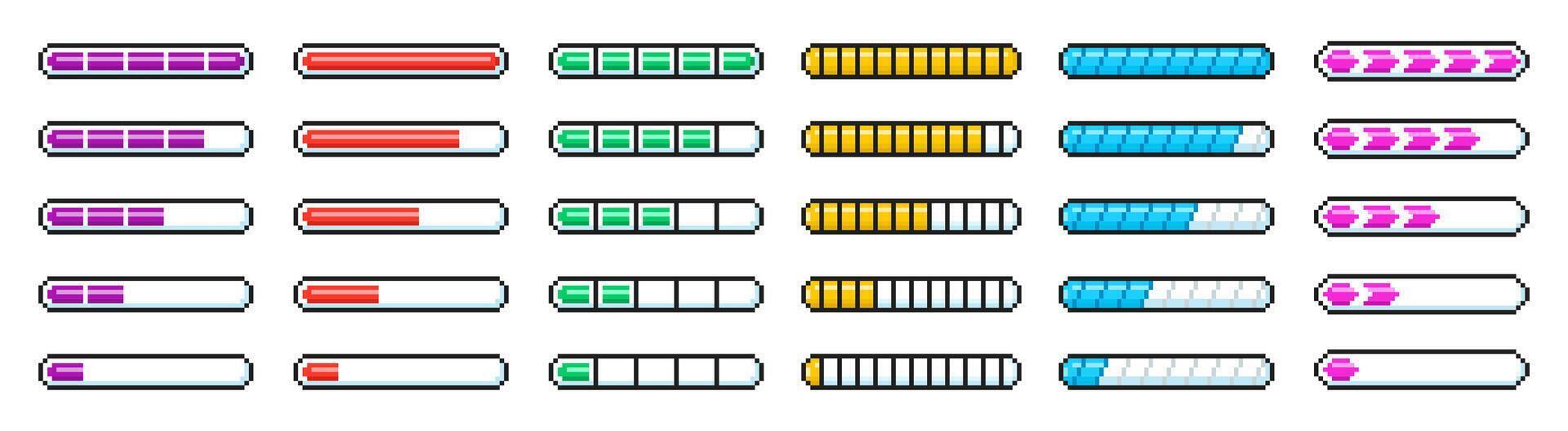 Loading progress bar in 90s style. 8 bit loader process status. Pixel art style illustration. vector