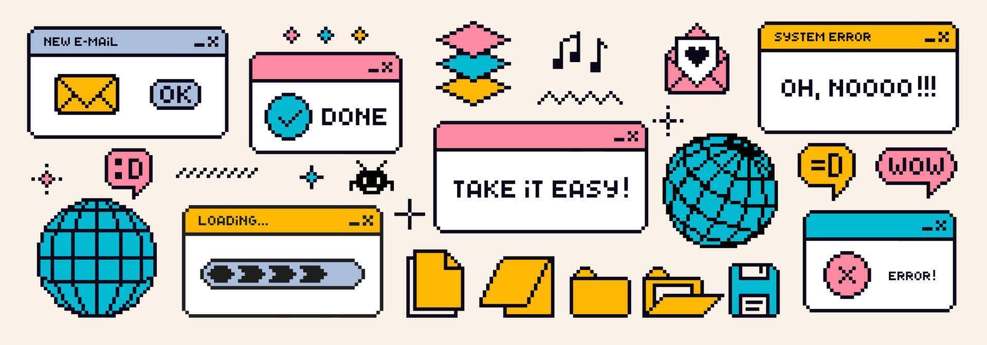 Retro browser computer window in 90s style. Message boxes and popup user interface elements. illustration. vector