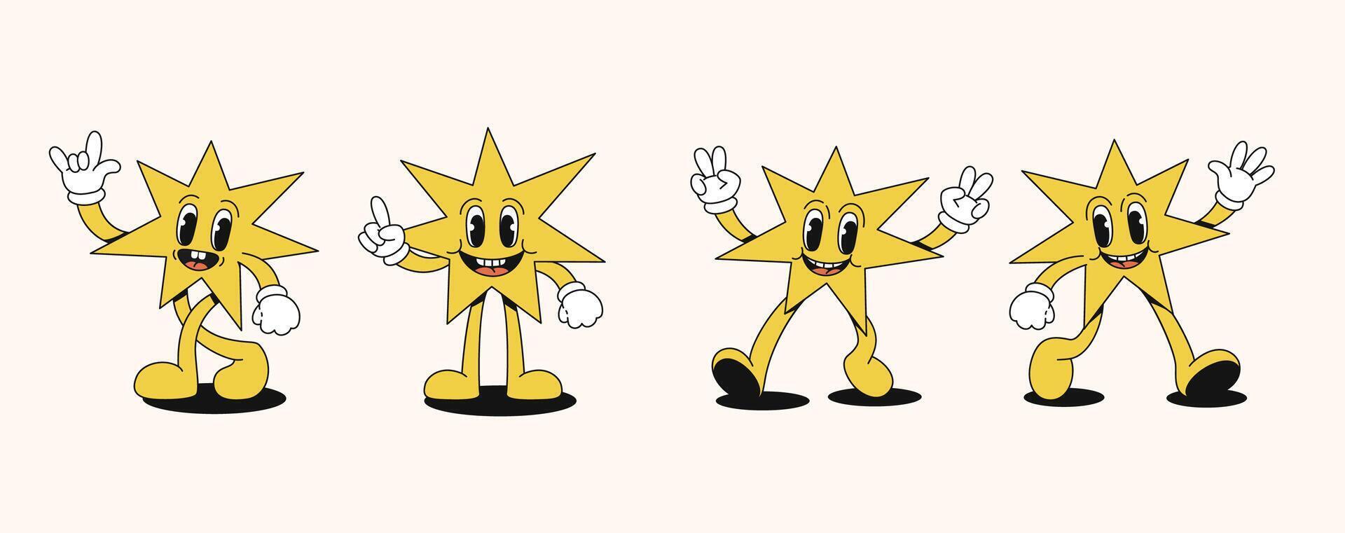 Set of funny stars in retro style. Groovy characters with faces, arms and legs. illustration. vector