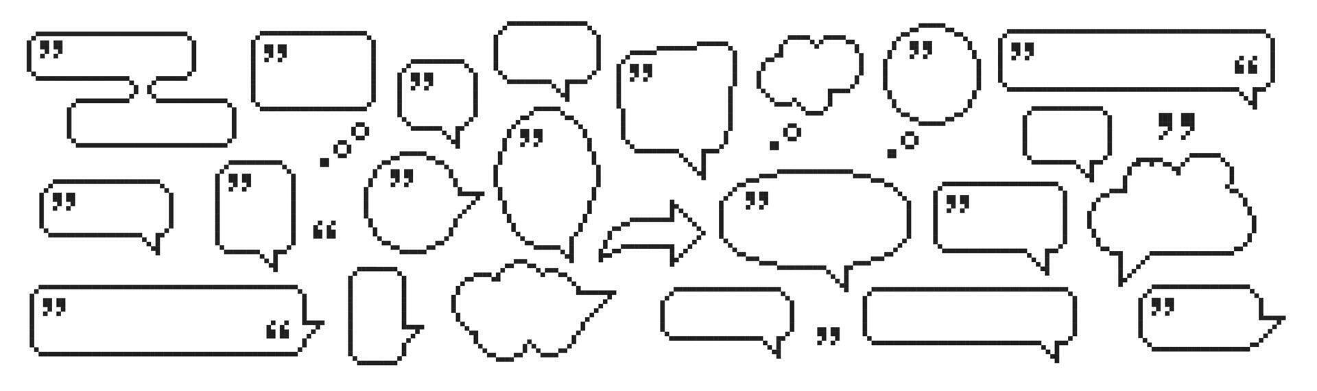 8 bit pixel speech bubbles and dialog boxes with quotation marks. Message icons for computer game. illustration. vector