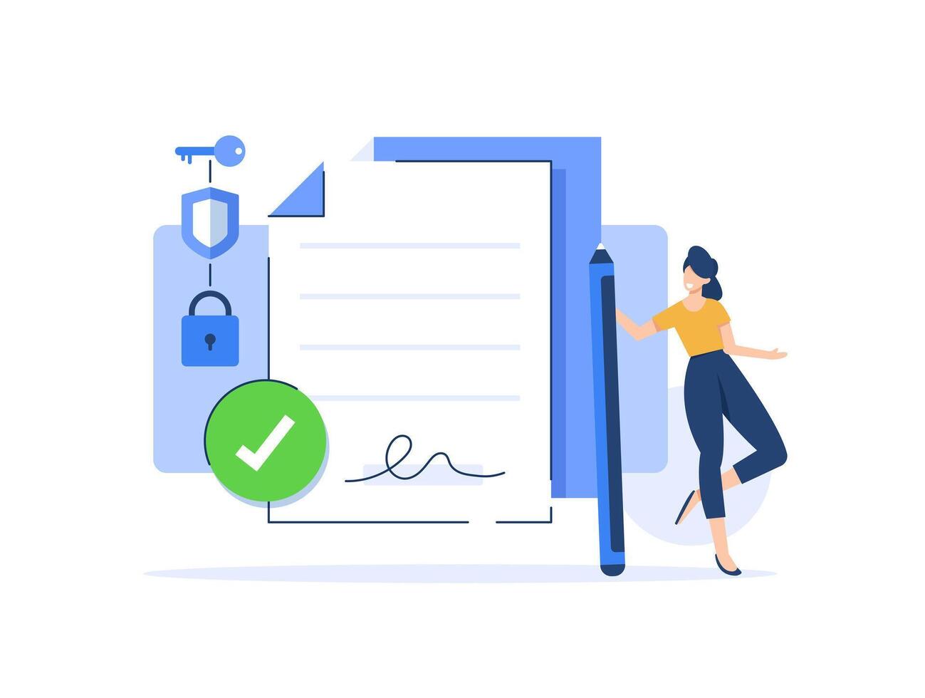 E-signature. Woman signing a legal document. Businesswoman signing online contract with digital signature. Verifying the authenticity of digital message or document vector