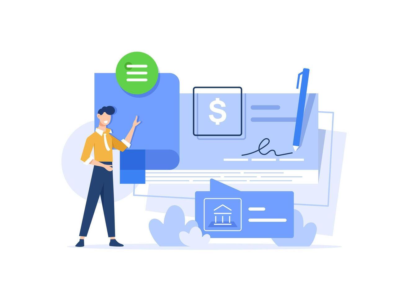 Landing page template with man signing bank document with pen. Concept of check payment method, financial banking service, money transaction or transfer vector