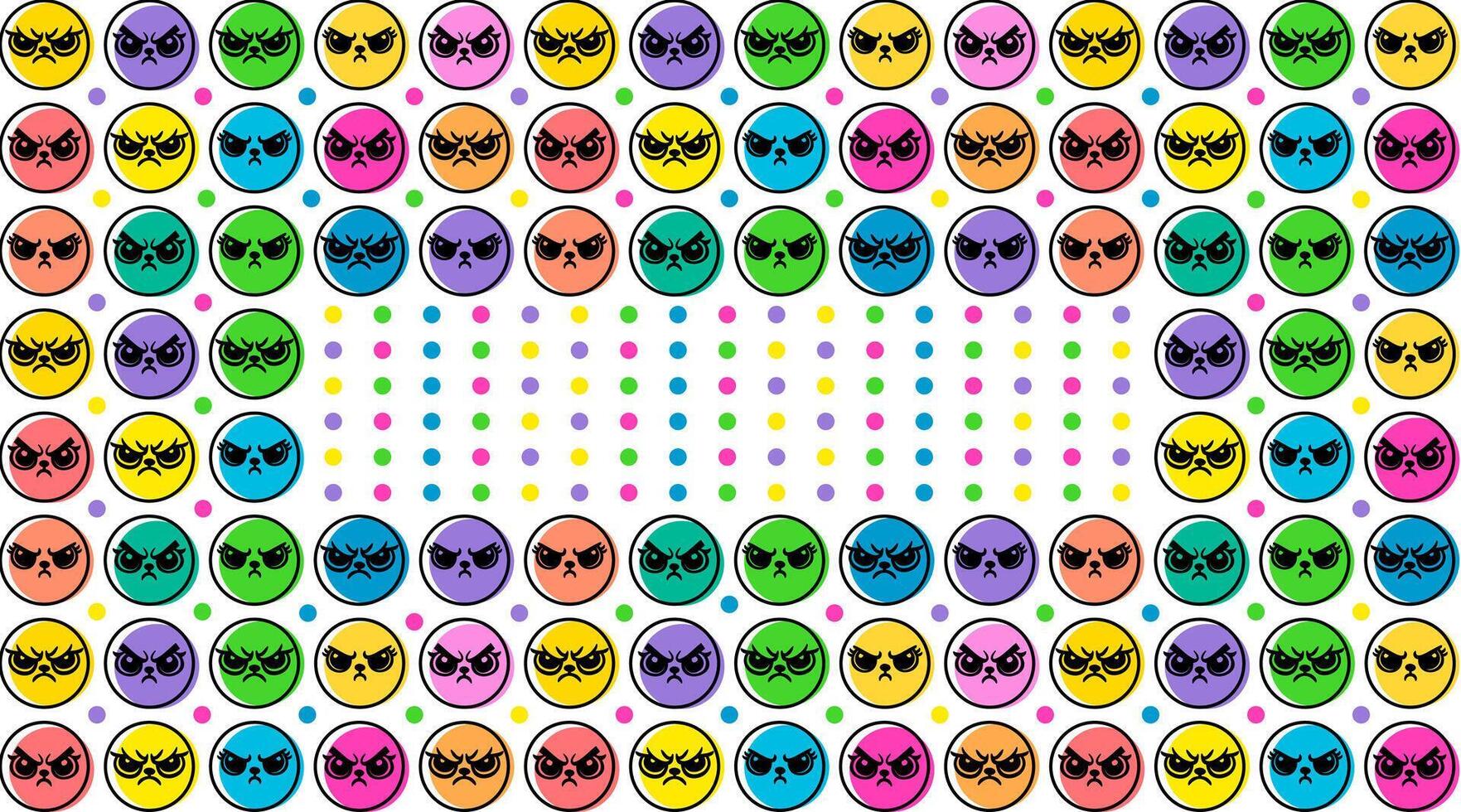 Colorful angry face emoticons pattern with dots, playful design, digital background, arranged in symmetrical and repetitive design, cute illustration. vector