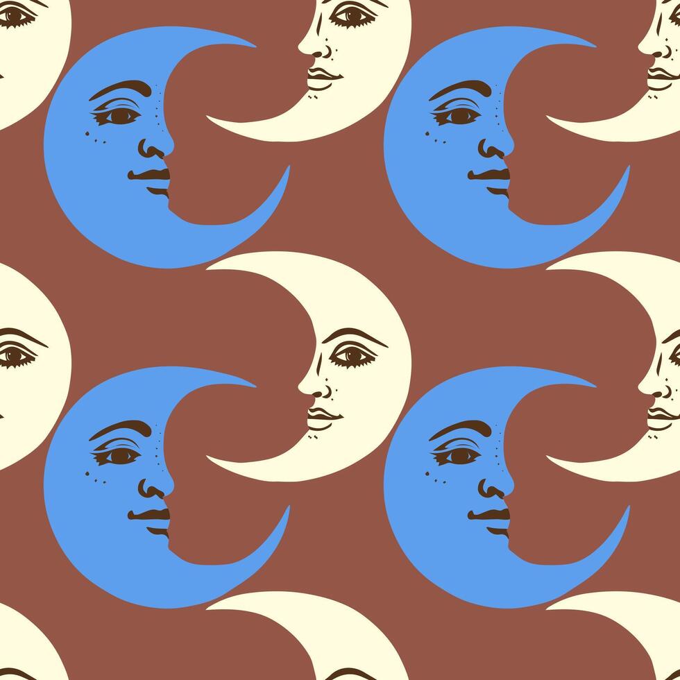 Crescent moons with face seamless pattern. Retro background with moon. vector
