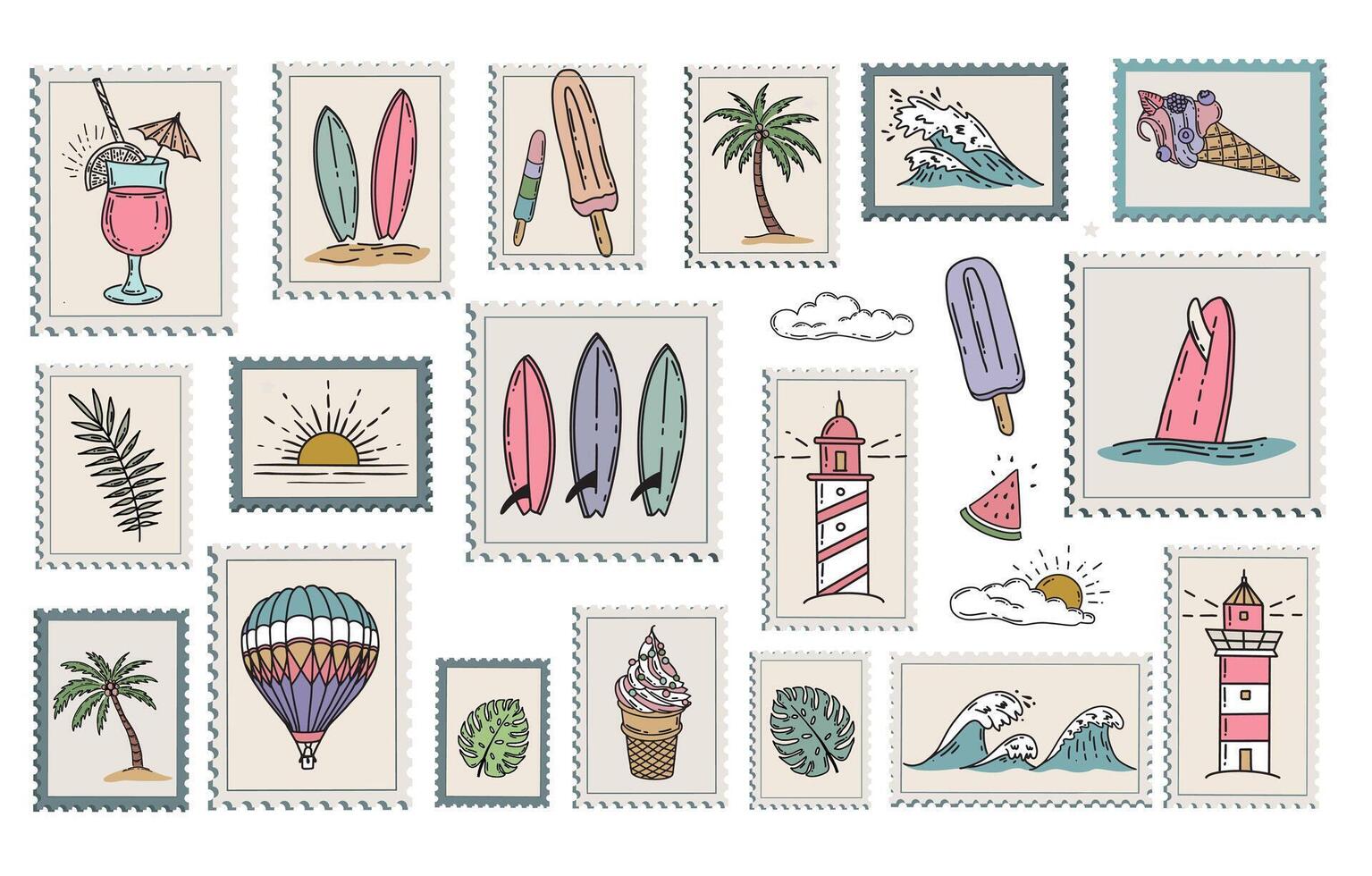 Summer icon set, hand drawn illustration. vector