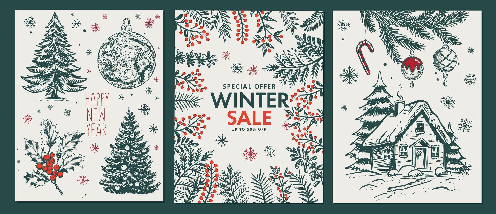 Christmas set in sketch style, winter sale. Hand drawn illustration. vector