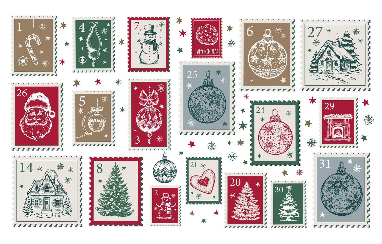 Advent calendar, Christmas Stamps, mail, postcard hand drawn illustrations. vector