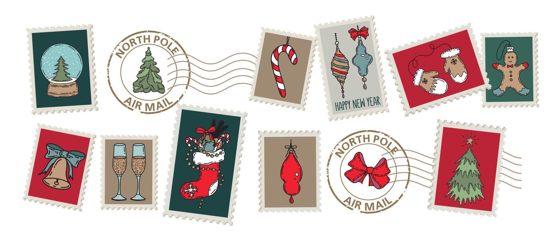Christmas Stamps hand drawn set. . vector