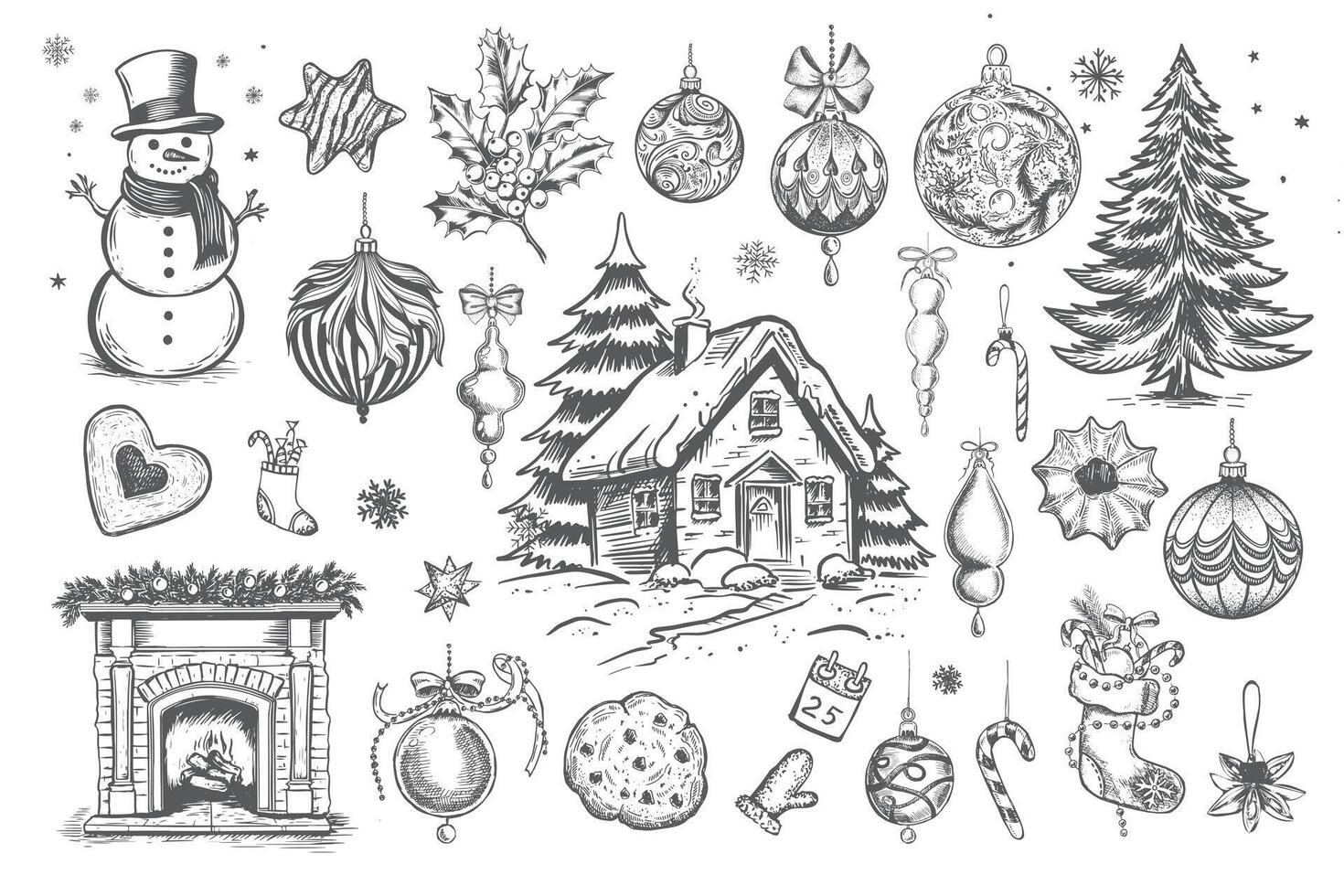 Christmas set in sketch style. Hand drawn illustration. vector