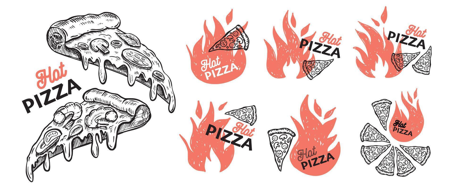 Hot Pizza set, hand drawn illustrations, . vector