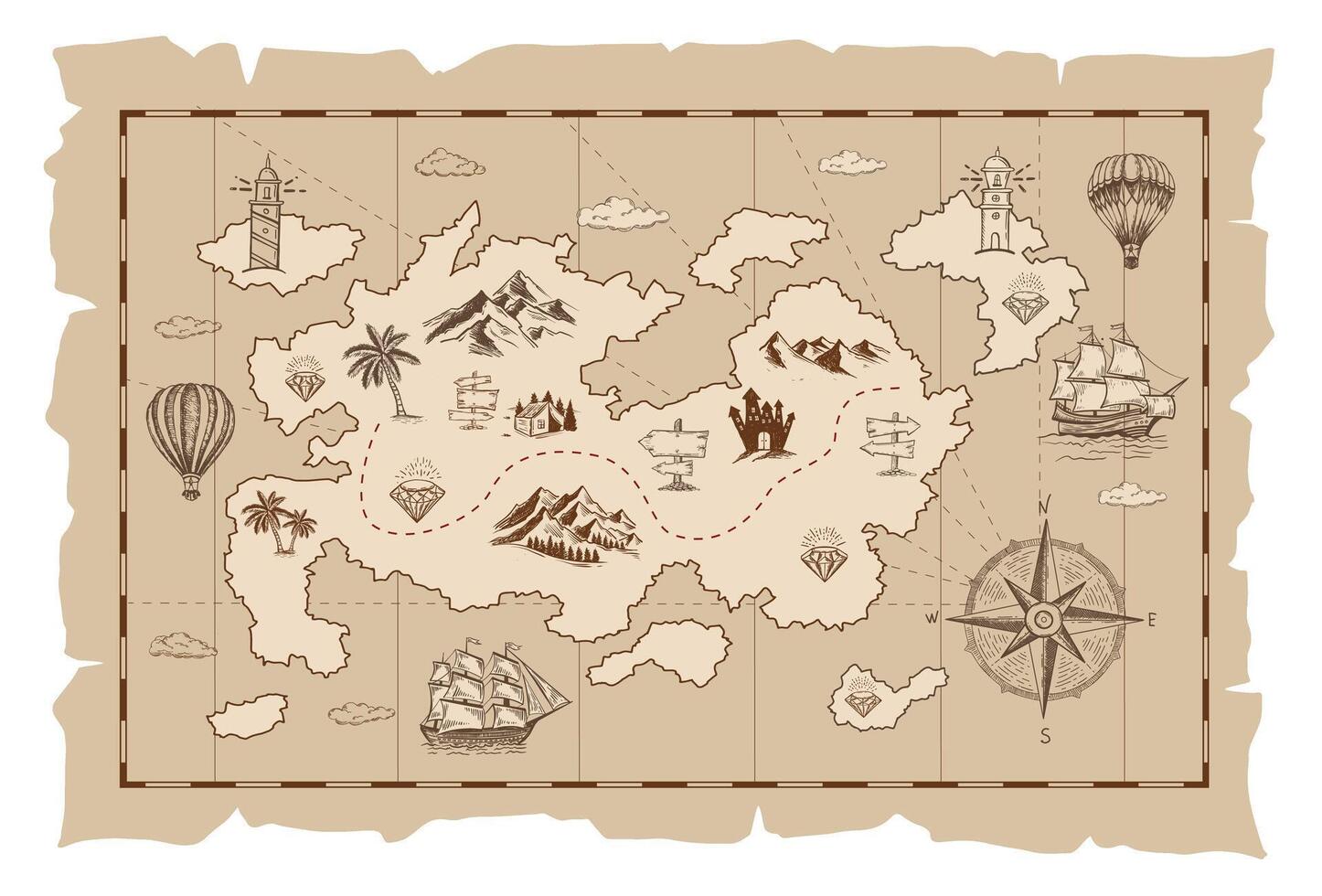 Old treasure map sketch. Hand drawn illustrations, . vector