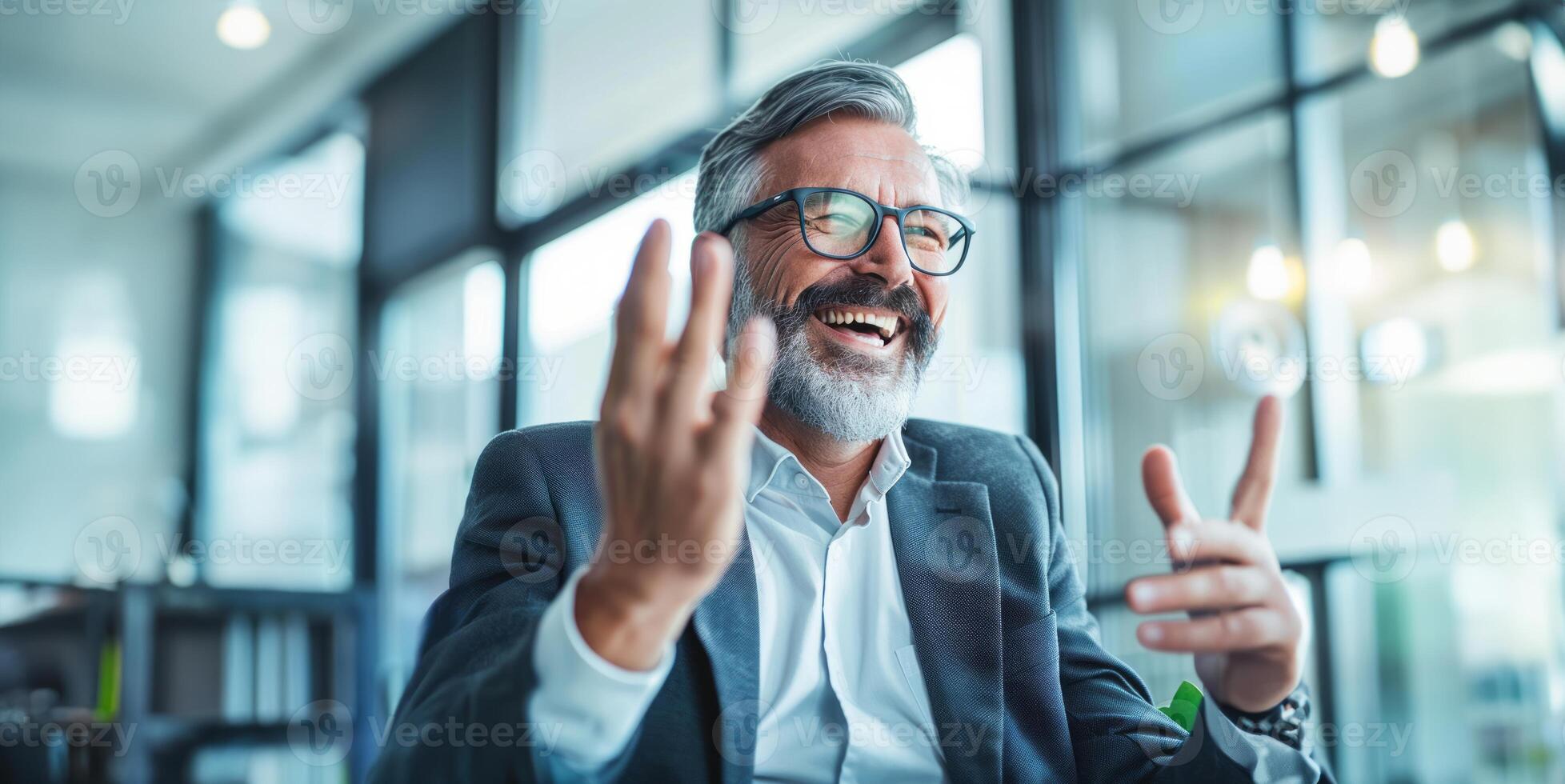 Senior manager joyfully celebrating success while working on a laptop in the office.Generated image photo
