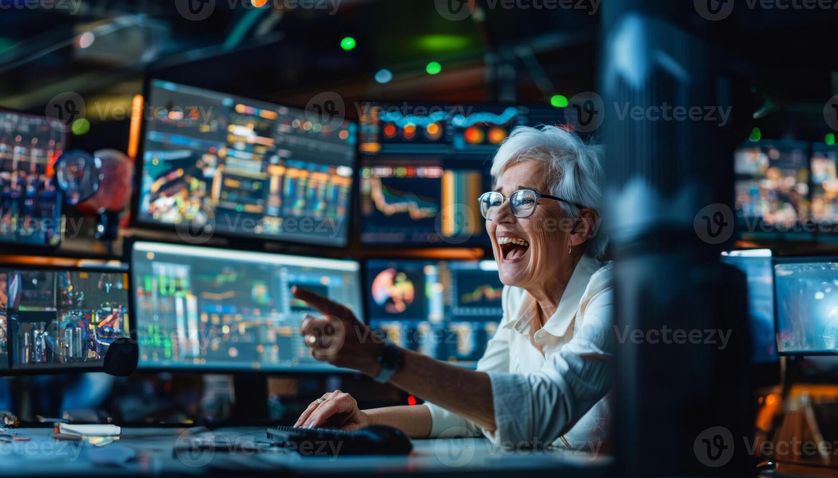 Excited Senior Woman Manager Using Digital Technology with Holograms.Generated image photo