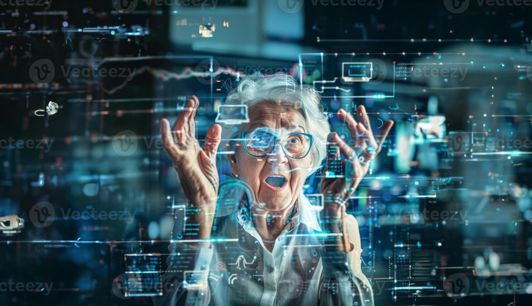Excited Senior Woman Manager Using Digital Technology with Holograms.Generated image photo
