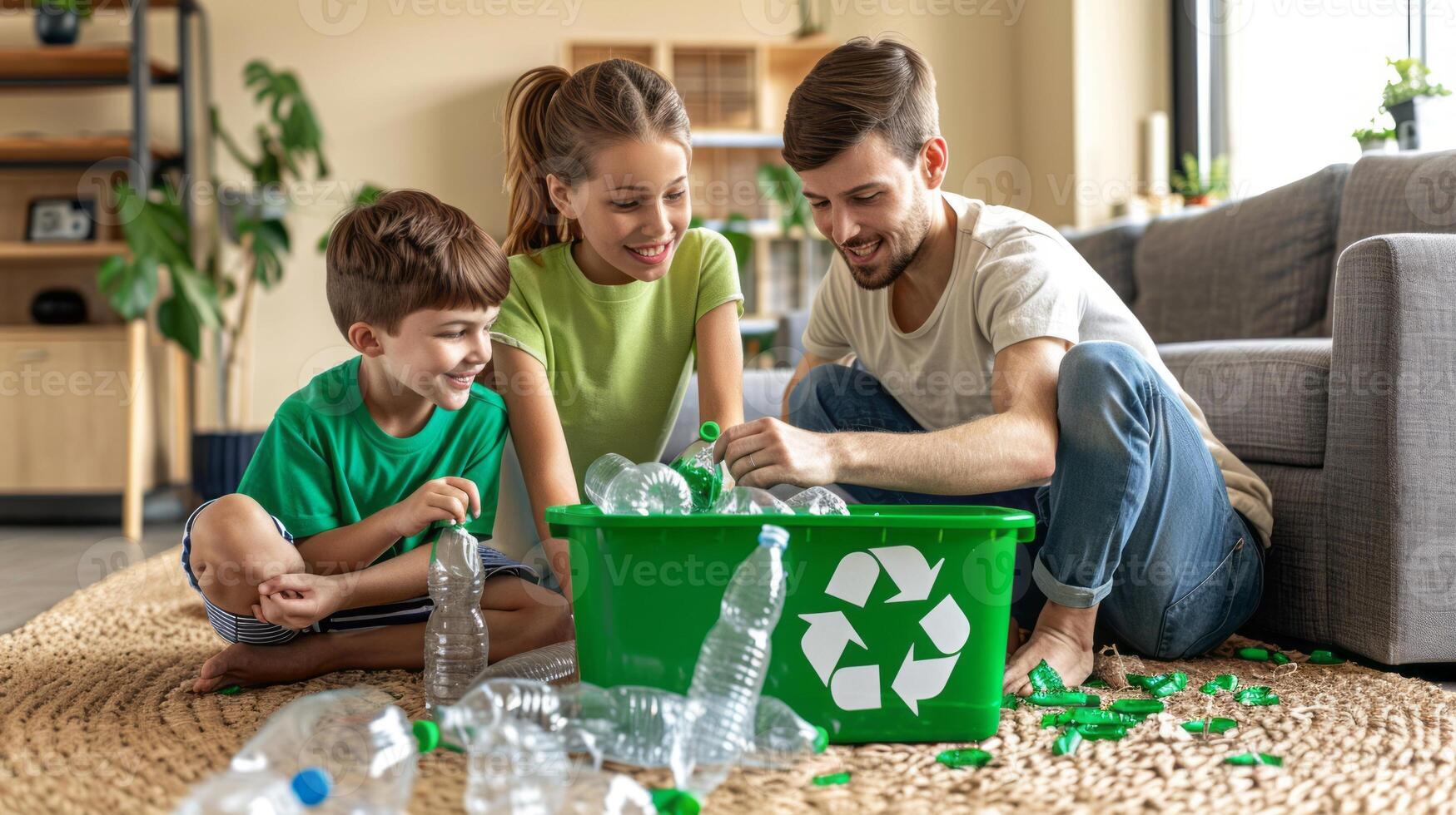 Family of four diligently recycling bottles together at home.Generated image photo