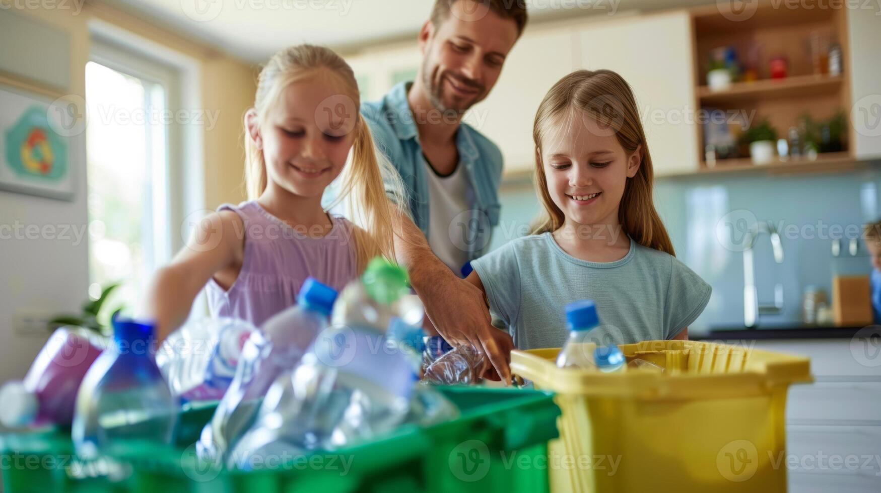 Family of four diligently recycling bottles together at home.Generated image photo