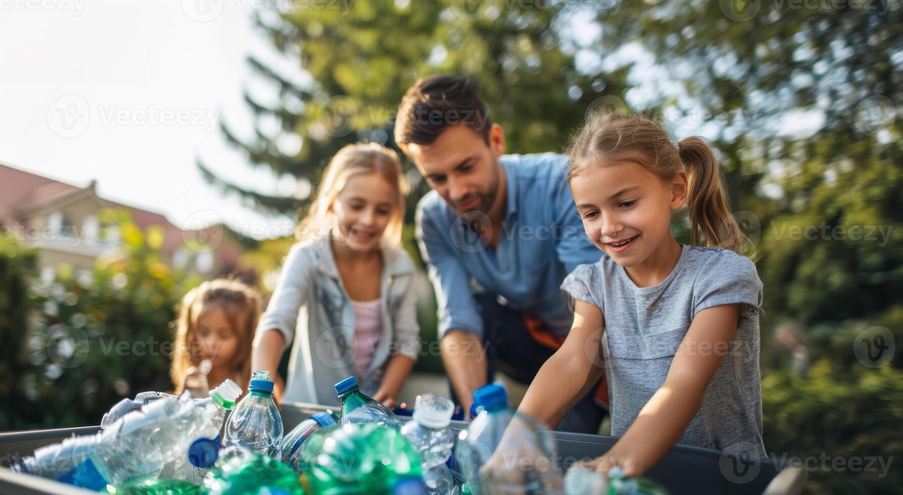 Family of four diligently recycling bottles together at home.Generated image photo
