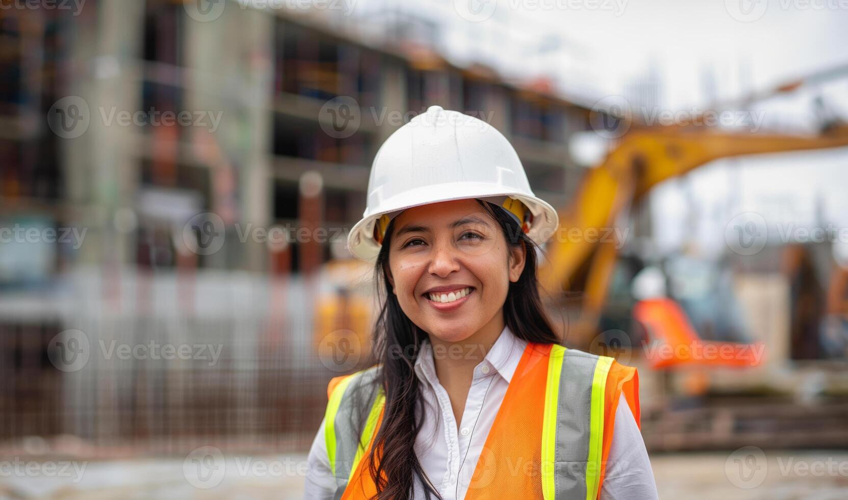 Smiling female engineer in safety glasses and helmet at a construction site.Generated image photo