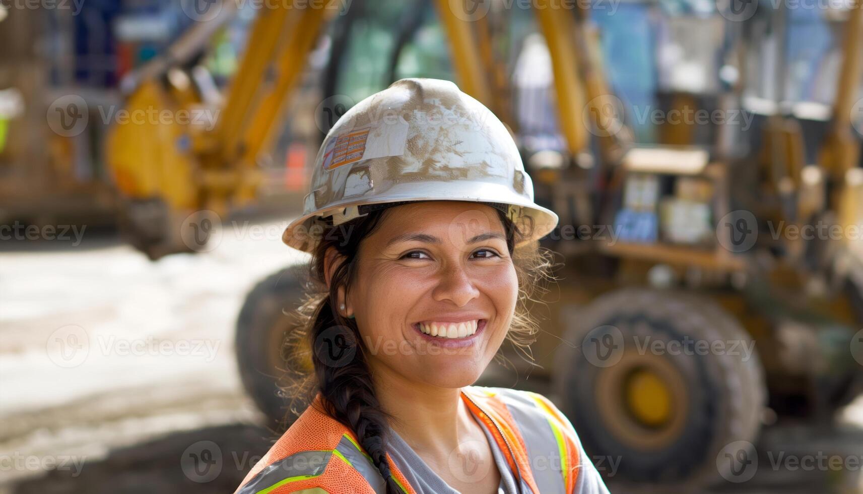 Smiling female engineer in safety glasses and helmet at a construction site.Generated image photo