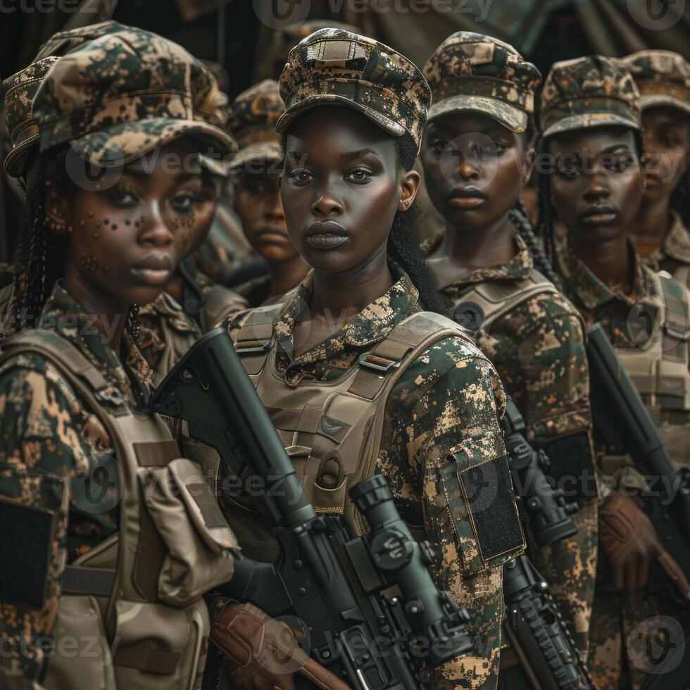 Group of African female soldiers in military uniforms with weapons in the outdoors.Generated image photo