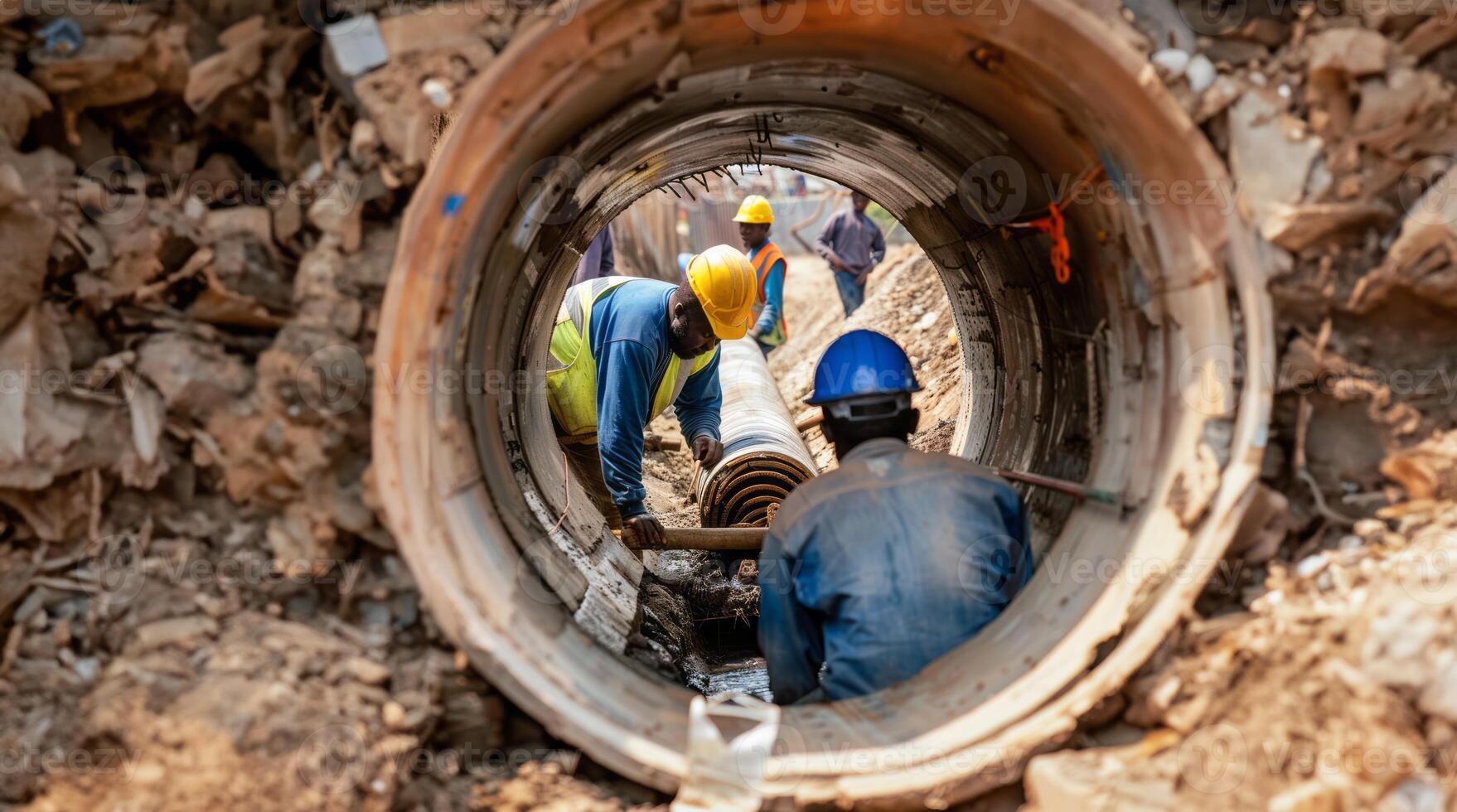 Group of African engineers working with large pipes underground in protective gear.Generated image photo