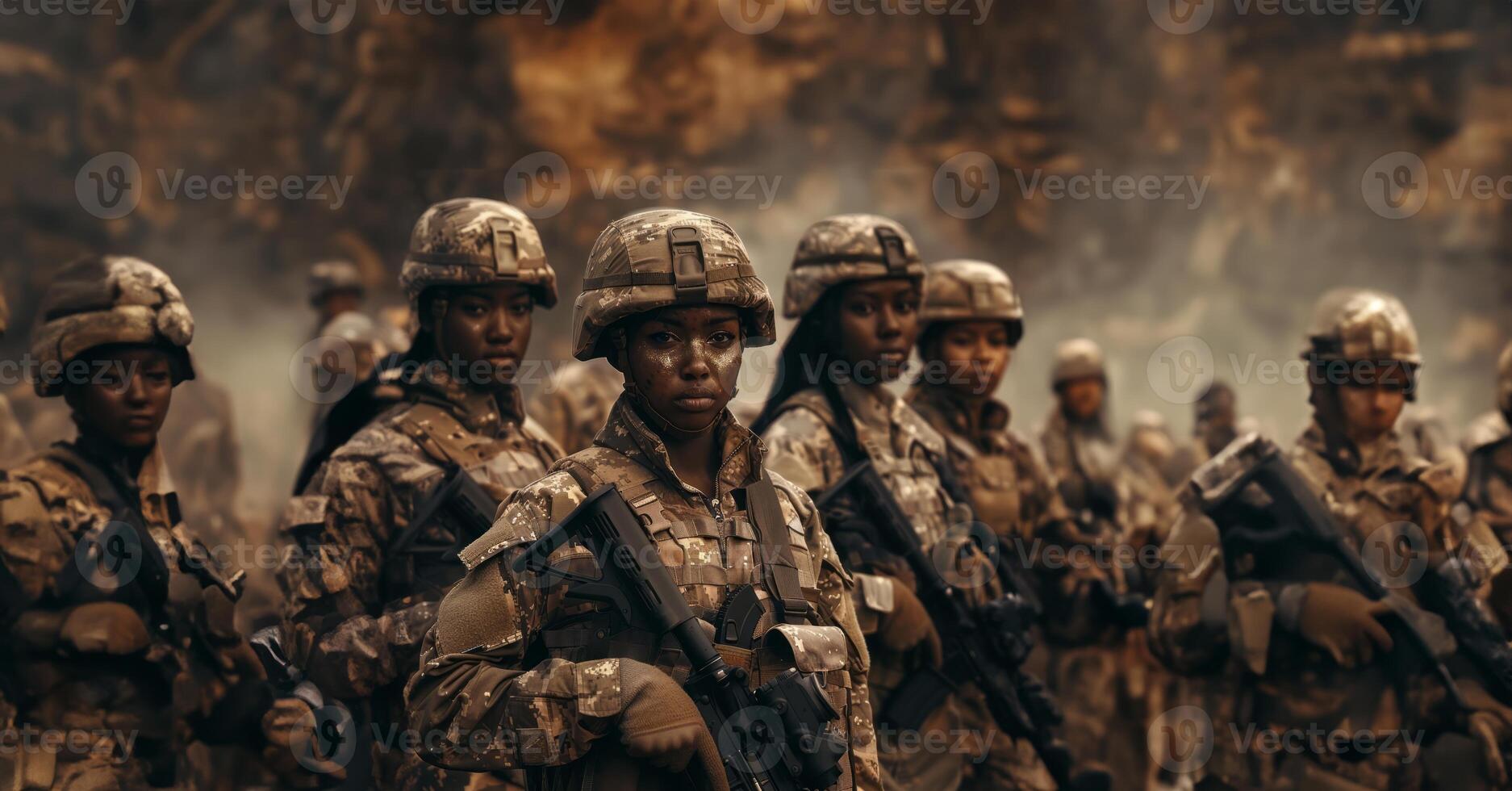Group of African female soldiers in military uniforms with weapons in the outdoors.Generated image photo