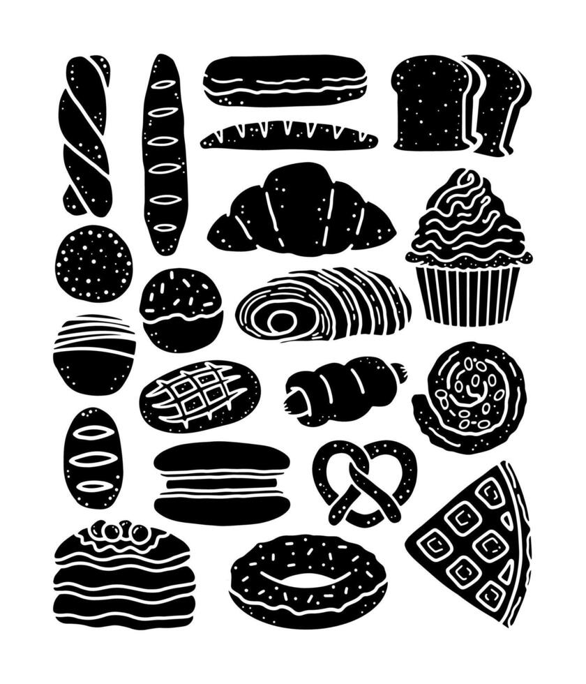 Collection of Silhouette cartoon doodle of Bakery bread, , Illustration. vector