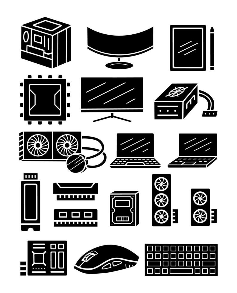 Collection of Silhouette cartoon doodle of Computer and Tech related, , Illustration. vector