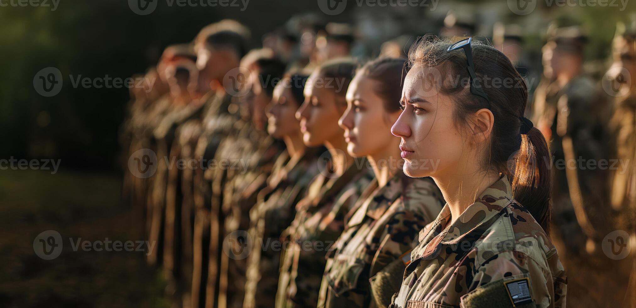 Group of female soldiers standing in formation, awaiting orders.Generated images photo