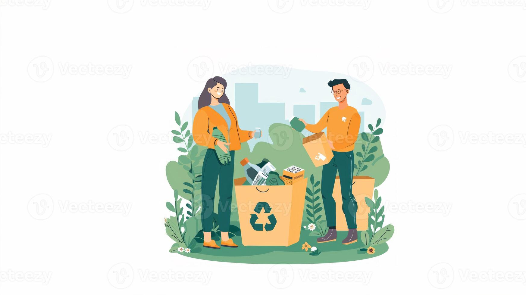 Happy couple helping to collect trash into an eco-friendly bin.Generated image photo