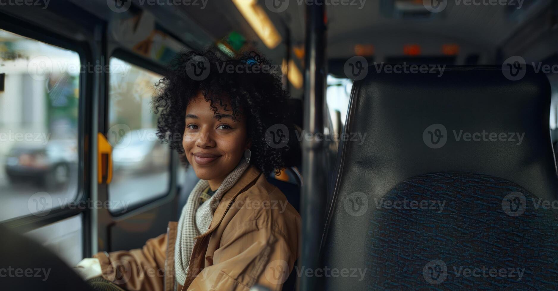 Happy Black woman enjoying a bus ride home.Generated image photo