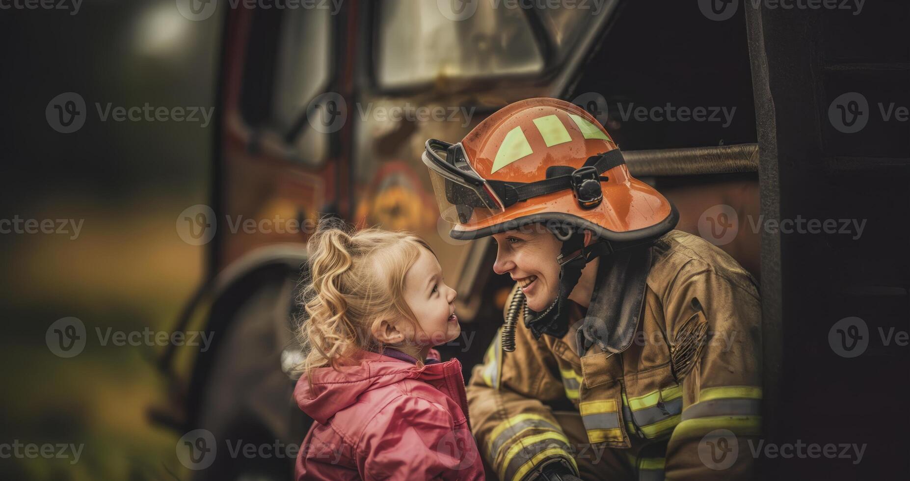 Smiling young girl sitting on the lap of a female firefighter in uniform, with a fire truck in the background.Generated image photo