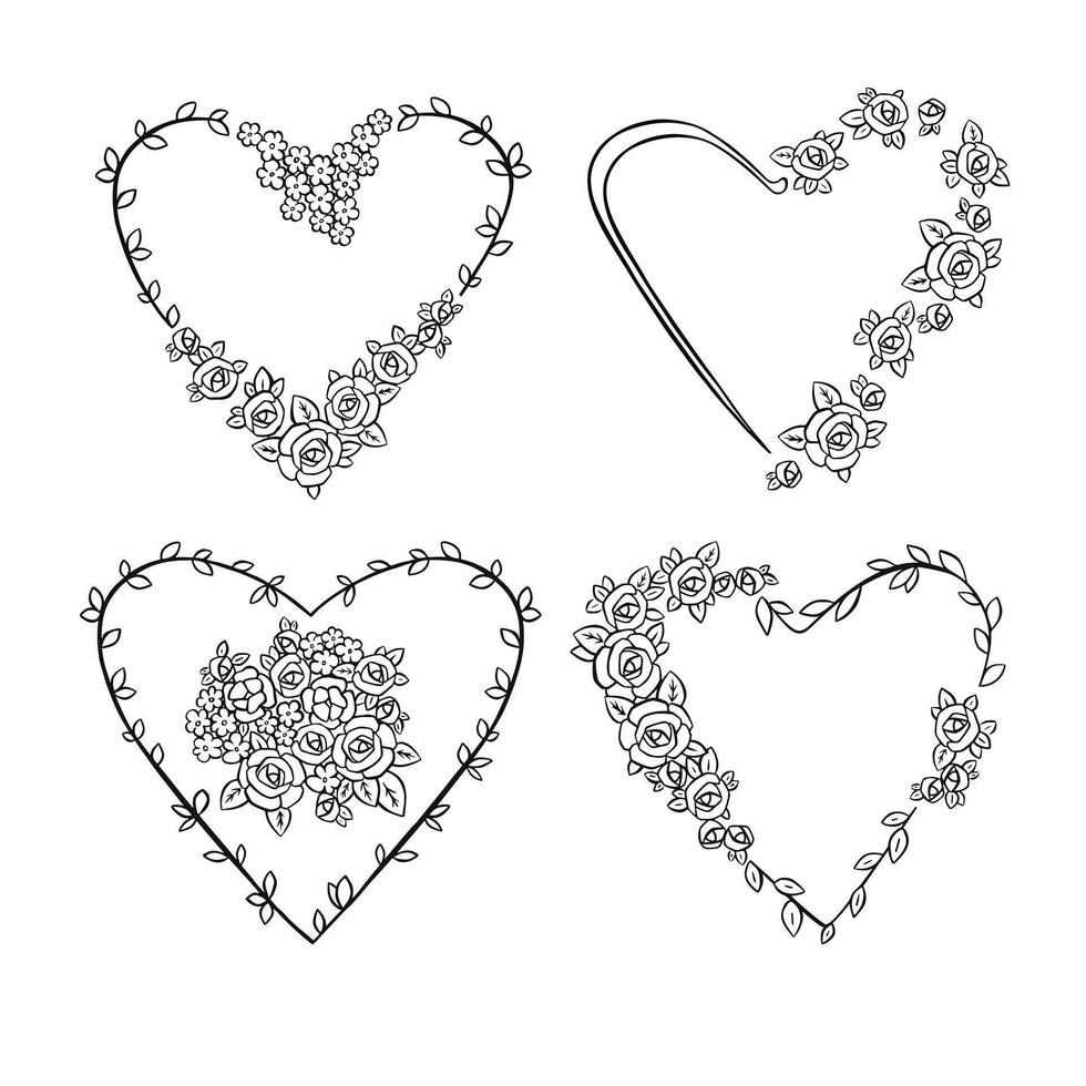 Set of linear heart frame made of flowers. Sketch outline illustration vector