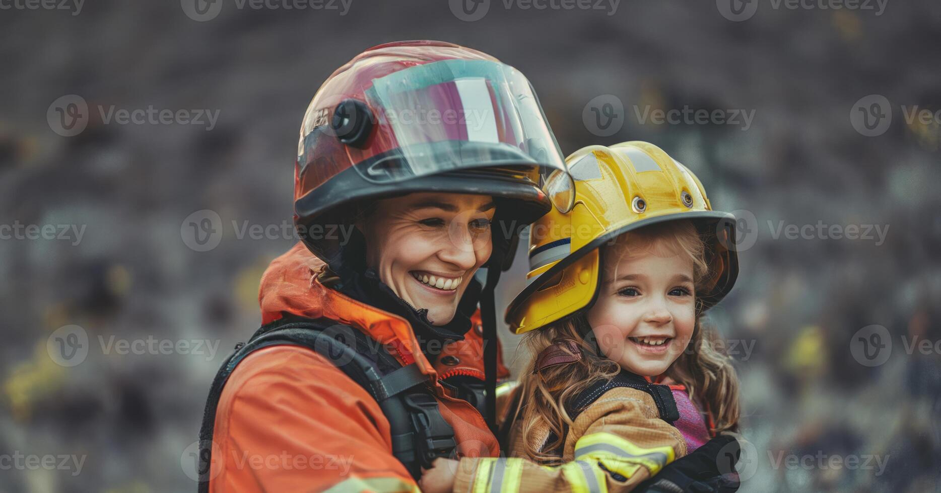 Smiling young girl sitting on the lap of a female firefighter in uniform, with a fire truck in the background.Generated image photo