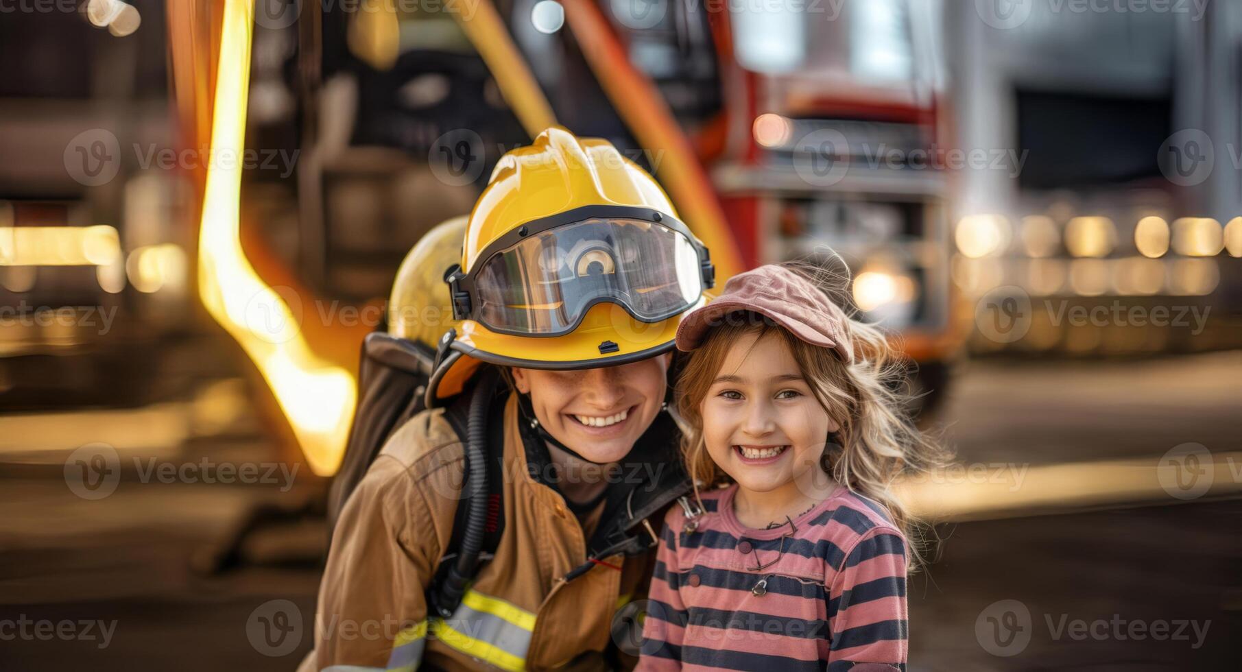 Smiling young girl sitting on the lap of a female firefighter in uniform, with a fire truck in the background.Generated image photo