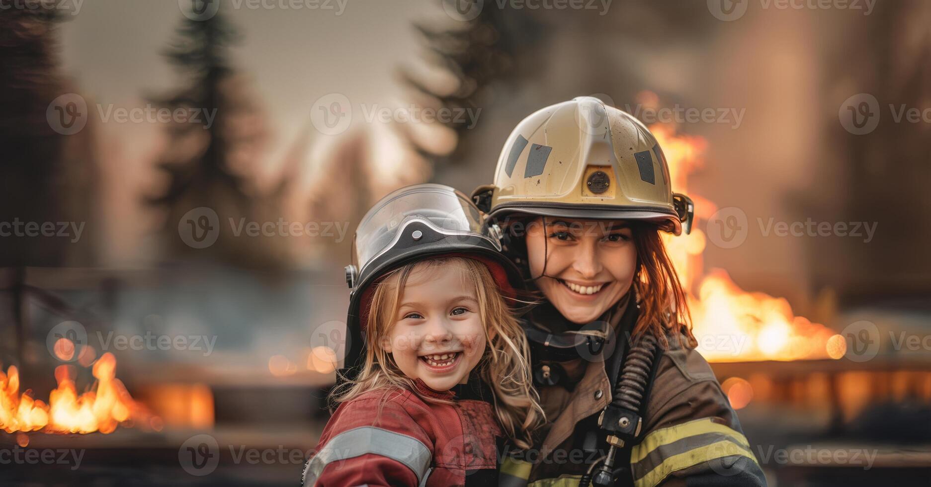 Smiling young girl sitting on the lap of a female firefighter in uniform, with a fire truck in the background.Generated image photo