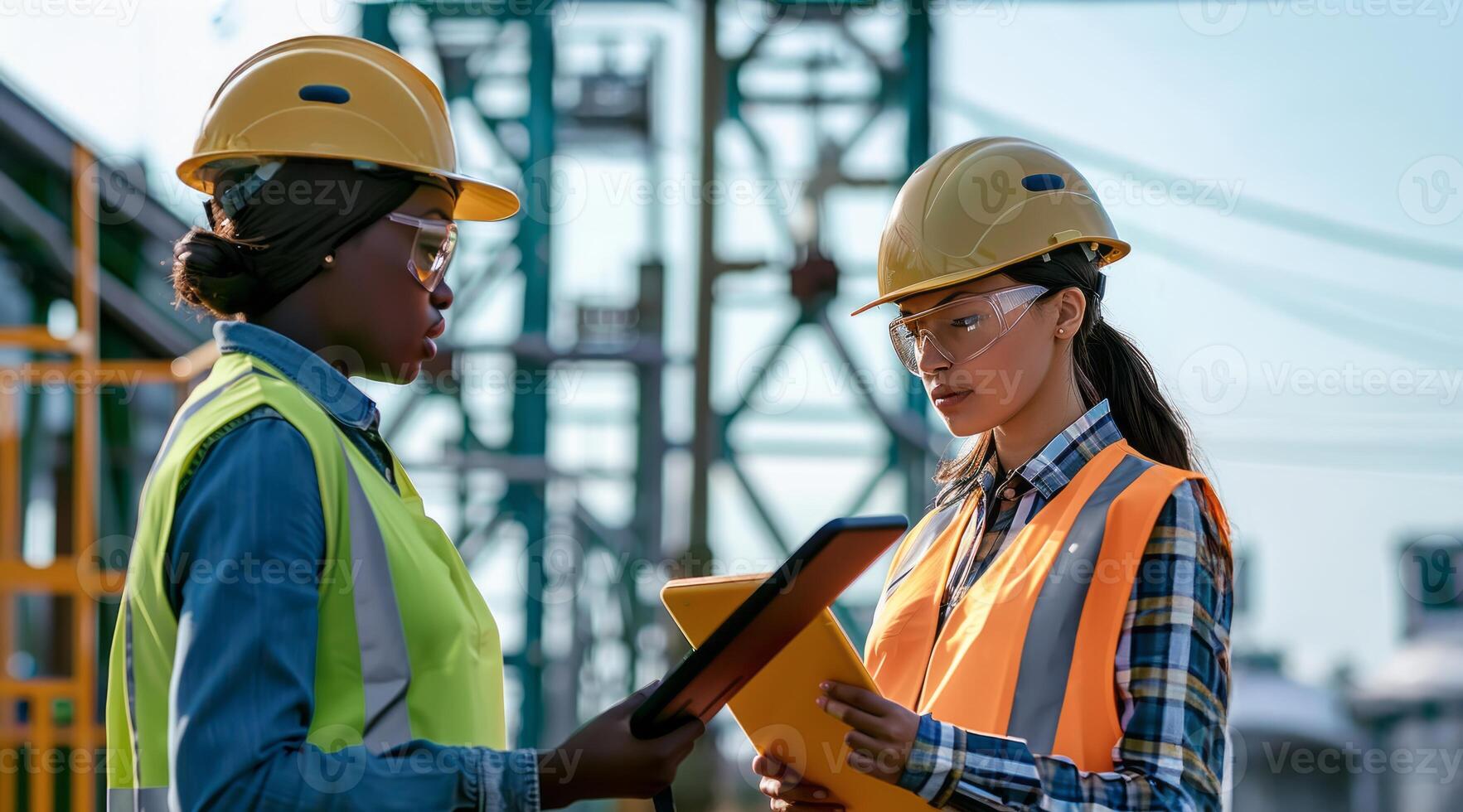 Engineers using a laptop to monitor construction site progress.Generated image photo