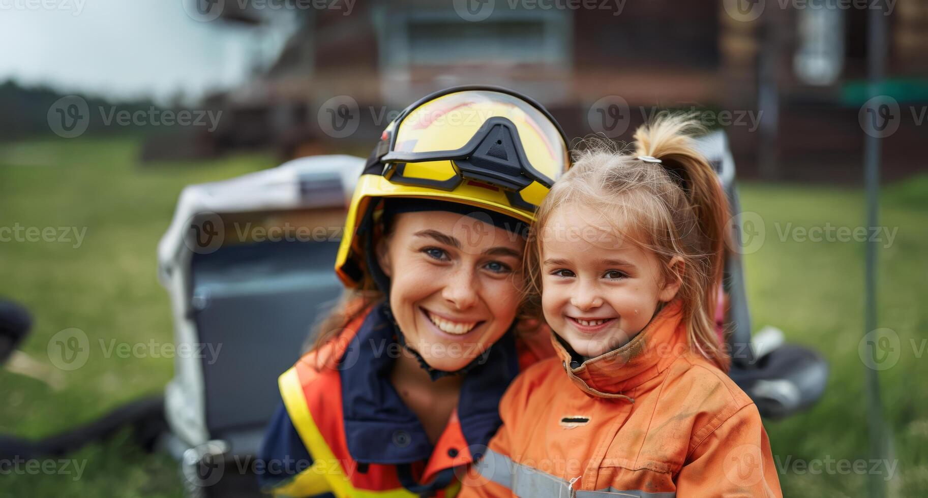Smiling young girl sitting on the lap of a female firefighter in uniform, with a fire truck in the background.Generated image photo