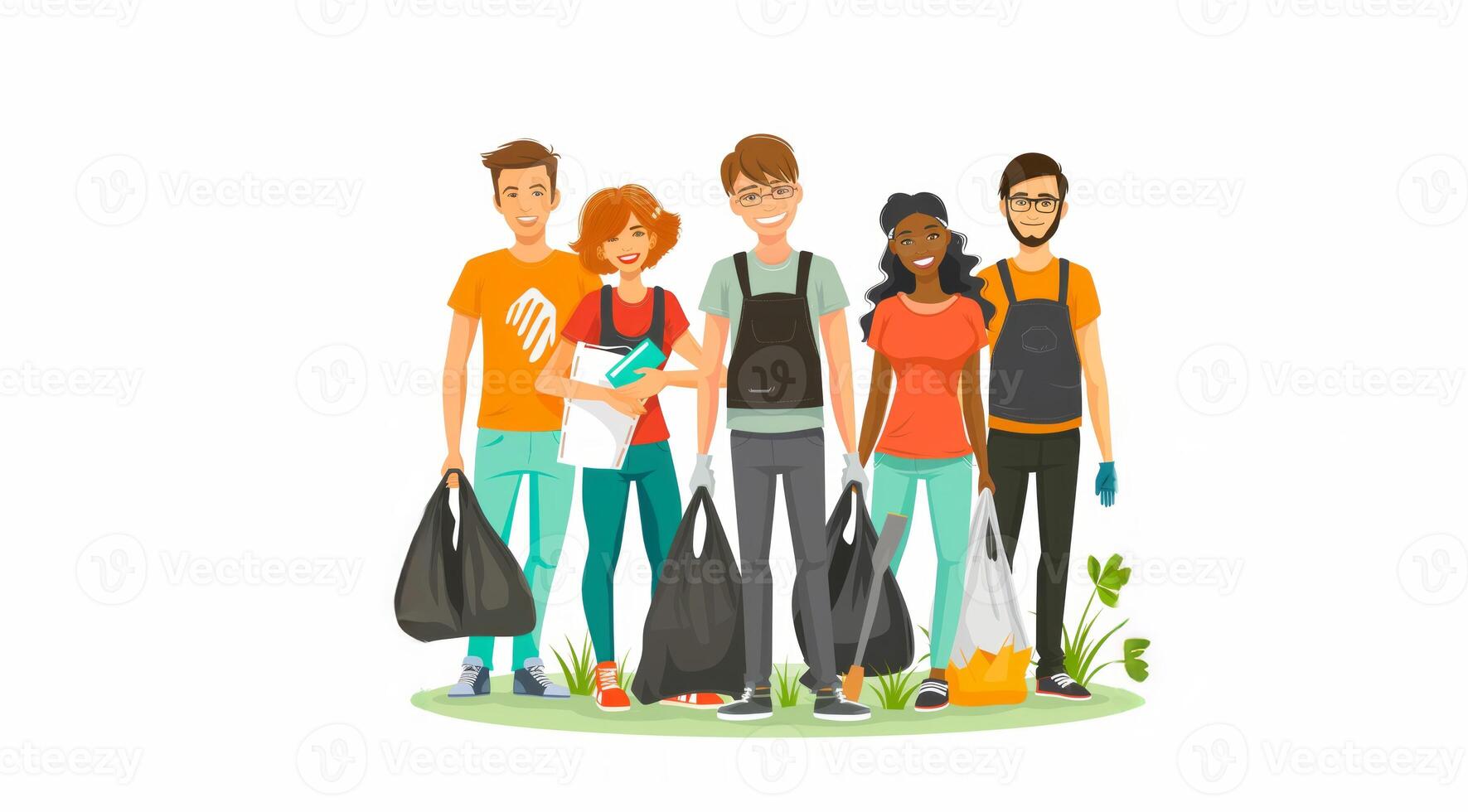Group of volunteers collecting trash and recycling in a park.Generated image photo